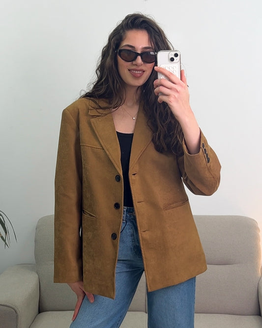 Terracotta Suede Blazer with Wide Collar | بليزر كمل انيق من جلد السويد