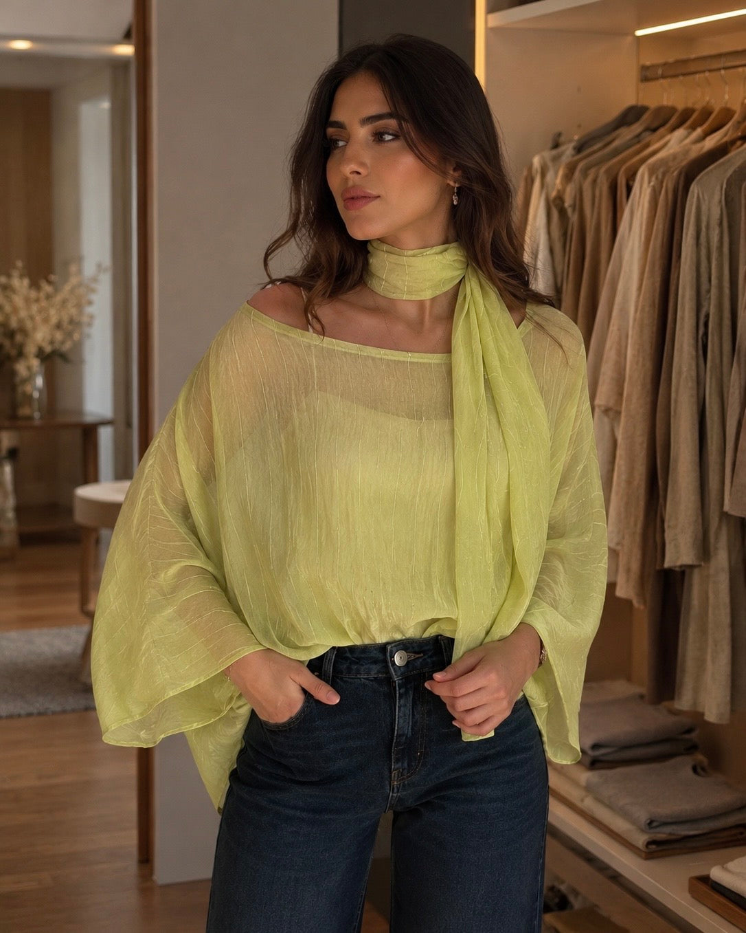 Lime Green Sheer Poncho Blouse with Scarf Detail | بلوزة شيفون ليمونية بقصة واسعة مع شال