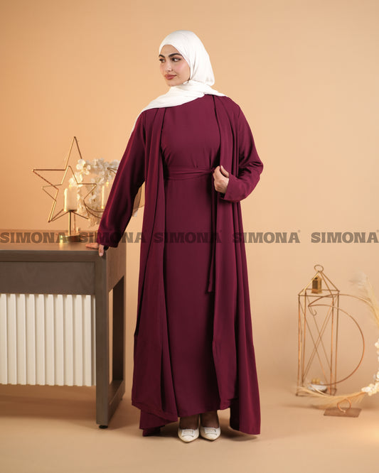Elegant Plum Abaya with Inner Dress | عباية أنيقة باللون خمري مع فستان داخلي