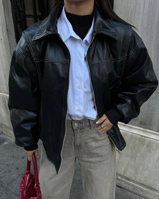 Timeless Black Leather Bomber Jacket
