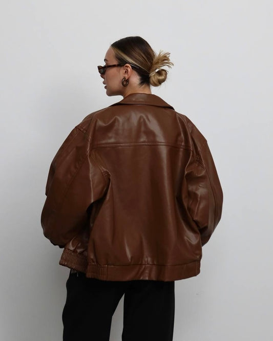Dark Brown Oversized Structured Leather Jacket | جاكيت جلد واسع بلون البني الداكن