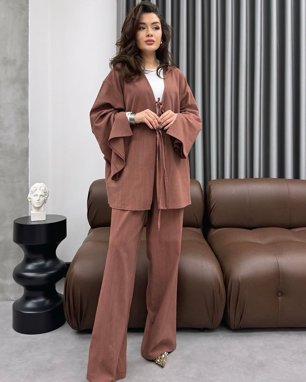 Terracotta Tie Front Casual Set | طقم كرميدي كاجوال برباط أمامي