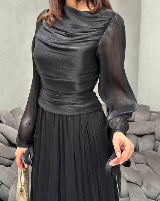 Elegant Black Ruched Chiffon Maxi Dress with Sheer Sleeves | فستان اسود أنيق بكسرات على الخصر