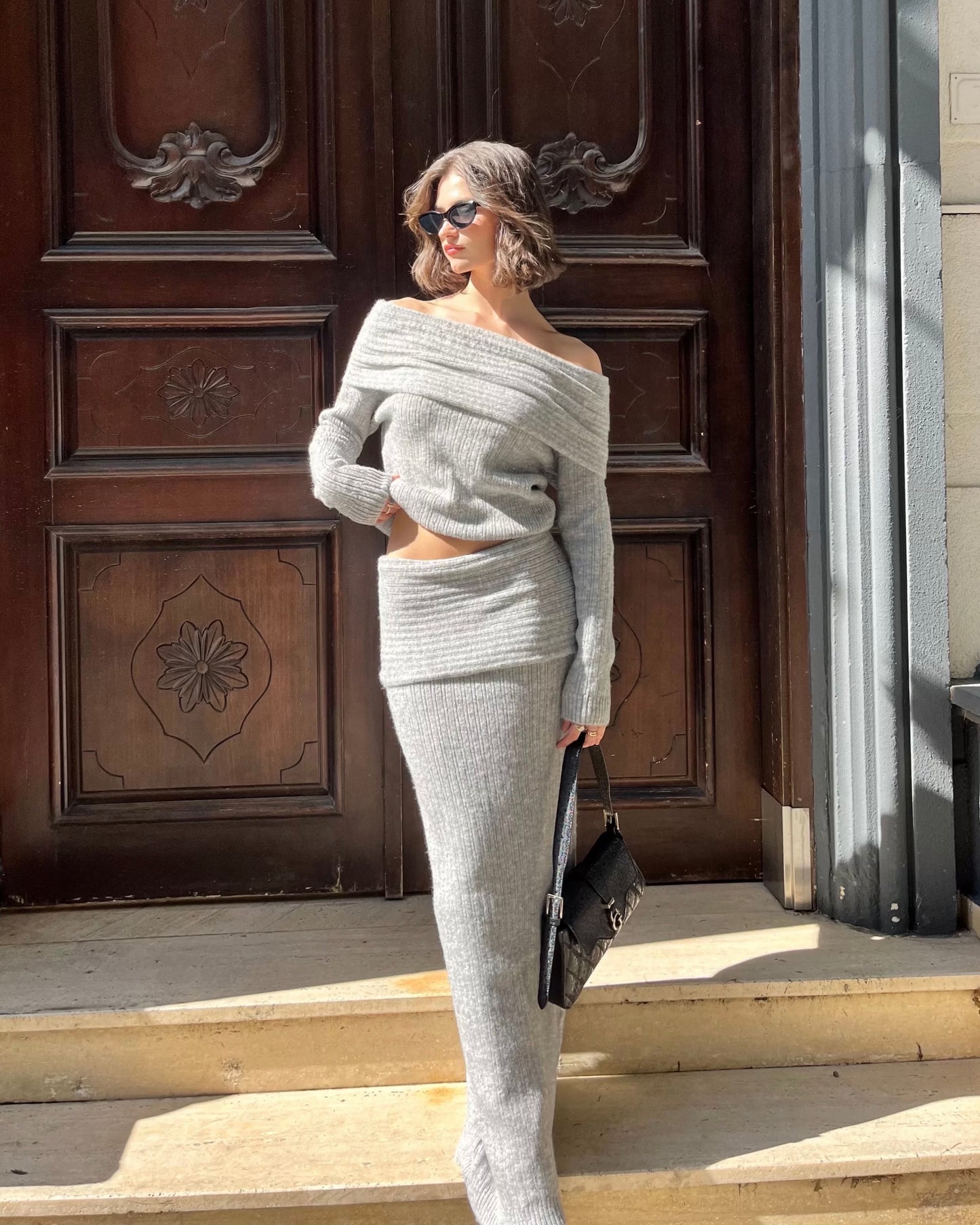 Gray Off-Shoulder Two-Piece Set