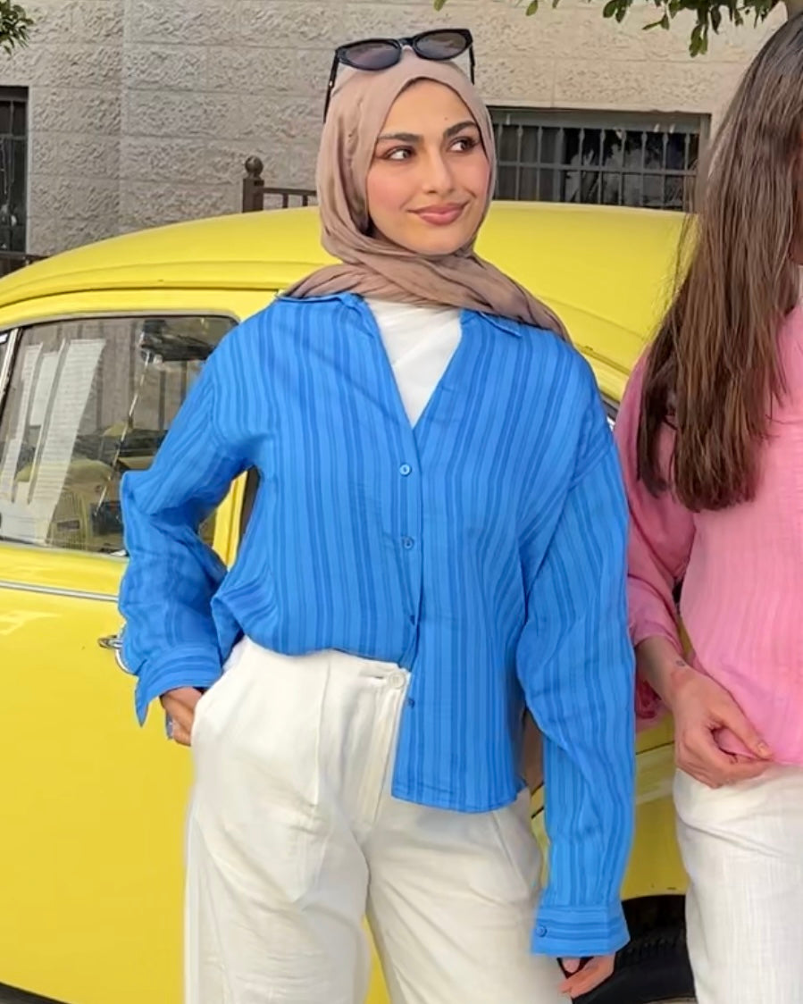 Casual Vibrant Blue Striped Shirt | قميص كاجوال مخطط باللون الازرق