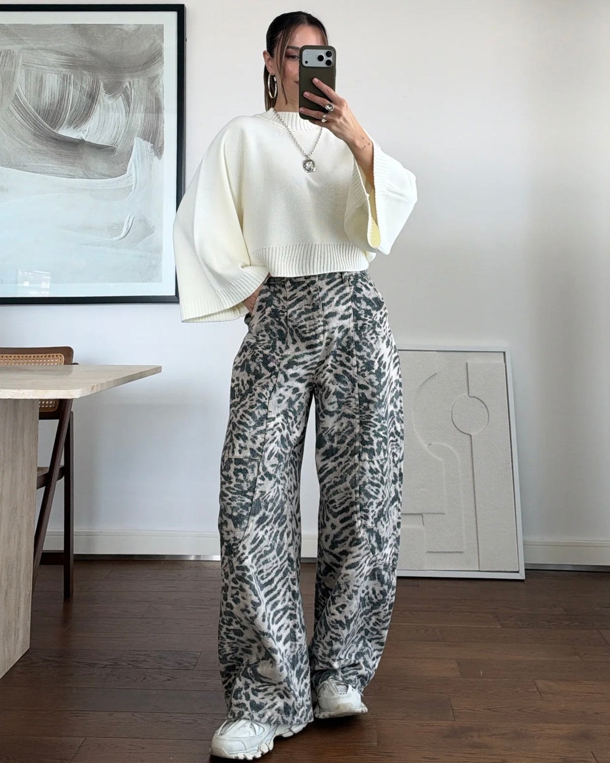White Oversized Knit Mock Neck Sweater with Wide Sleeves | بلوزة بيضة بقصّة أوفرسايز وأكمام واسعة