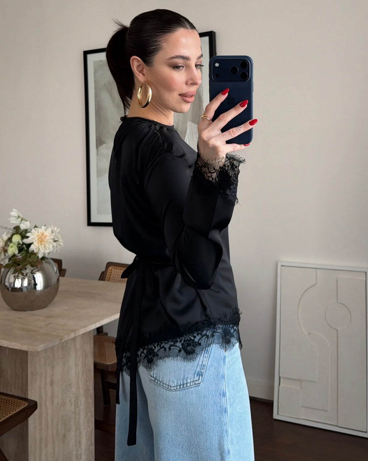 Black Satin Lace Trim Blouse| بلوزة ساتان سوداء بأطراف دانتيل