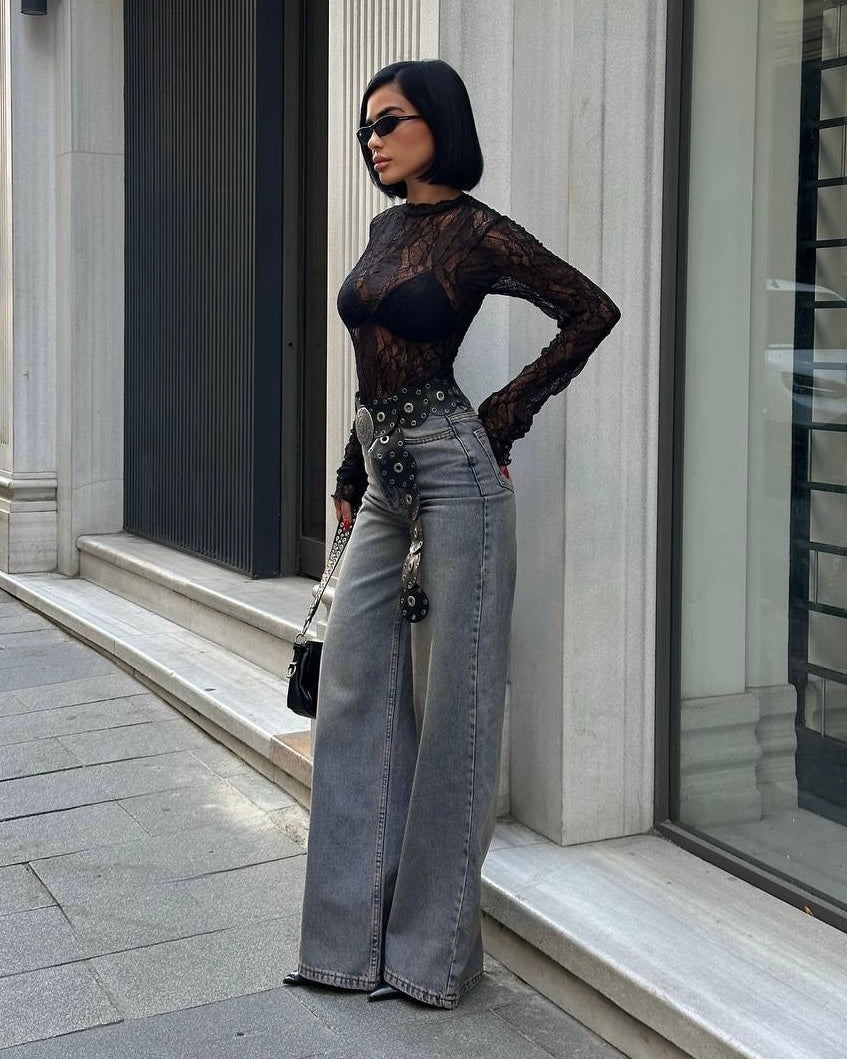 Stone Grey Wash Wide-Leg High-Rise Jeans | جينز واسع بخصر مرتفع