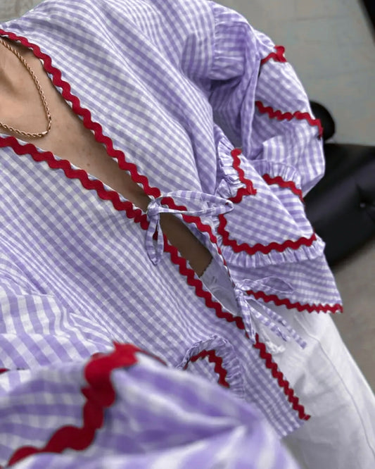 Blouse With a Purple Gingham Pattern & Heart Details | بلوزة بنقشة مربعات باللون الأرجواني وتفاصيل قلب