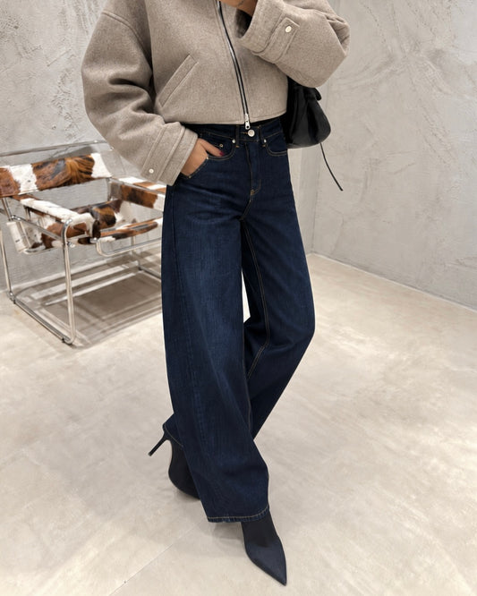 High-Waisted Dark Indigo Balloon Wide-Leg Denim Jeans with Contrast Stitching | جينز غامق بخصر عالي وقصة بالون