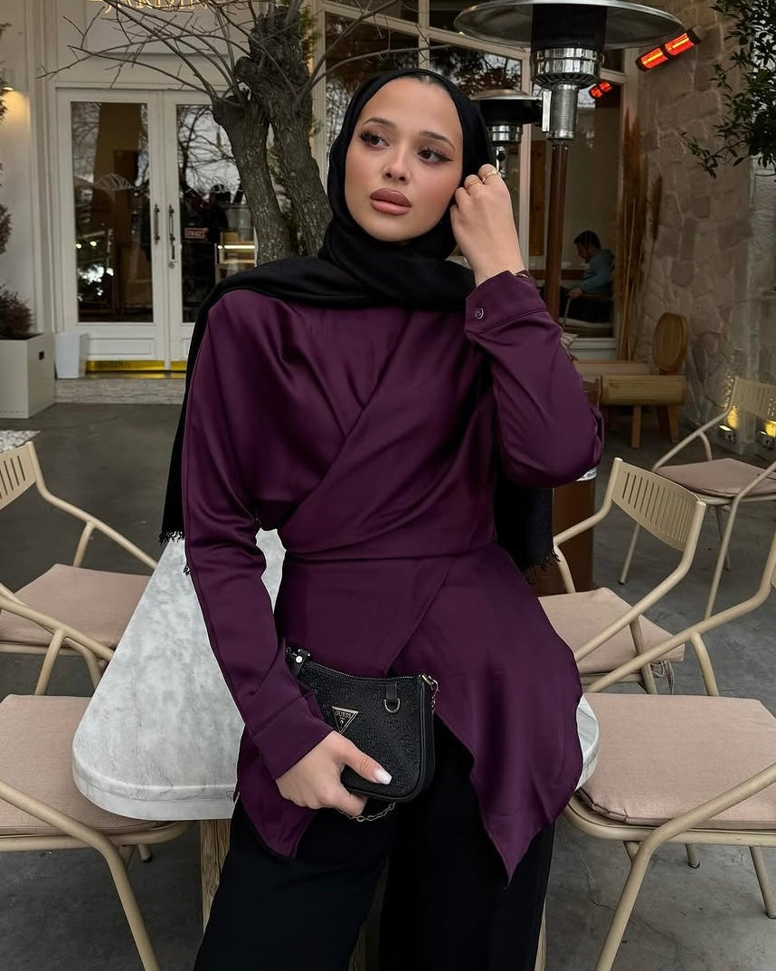 Plum Satin Wrap Blouse | بلوزة ستان لفّ بلون البنفسجي