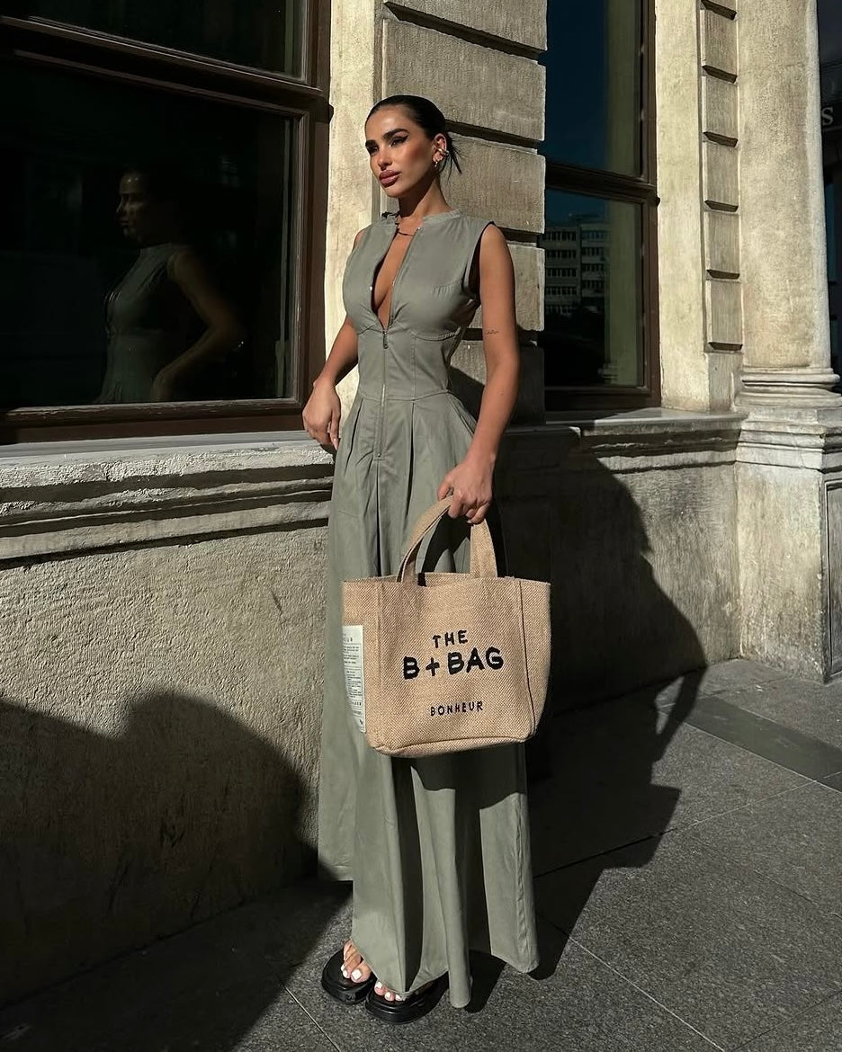 Elegant Muted Green Zip Dress | فستان زيتي أنيق بسحّاب أمامي