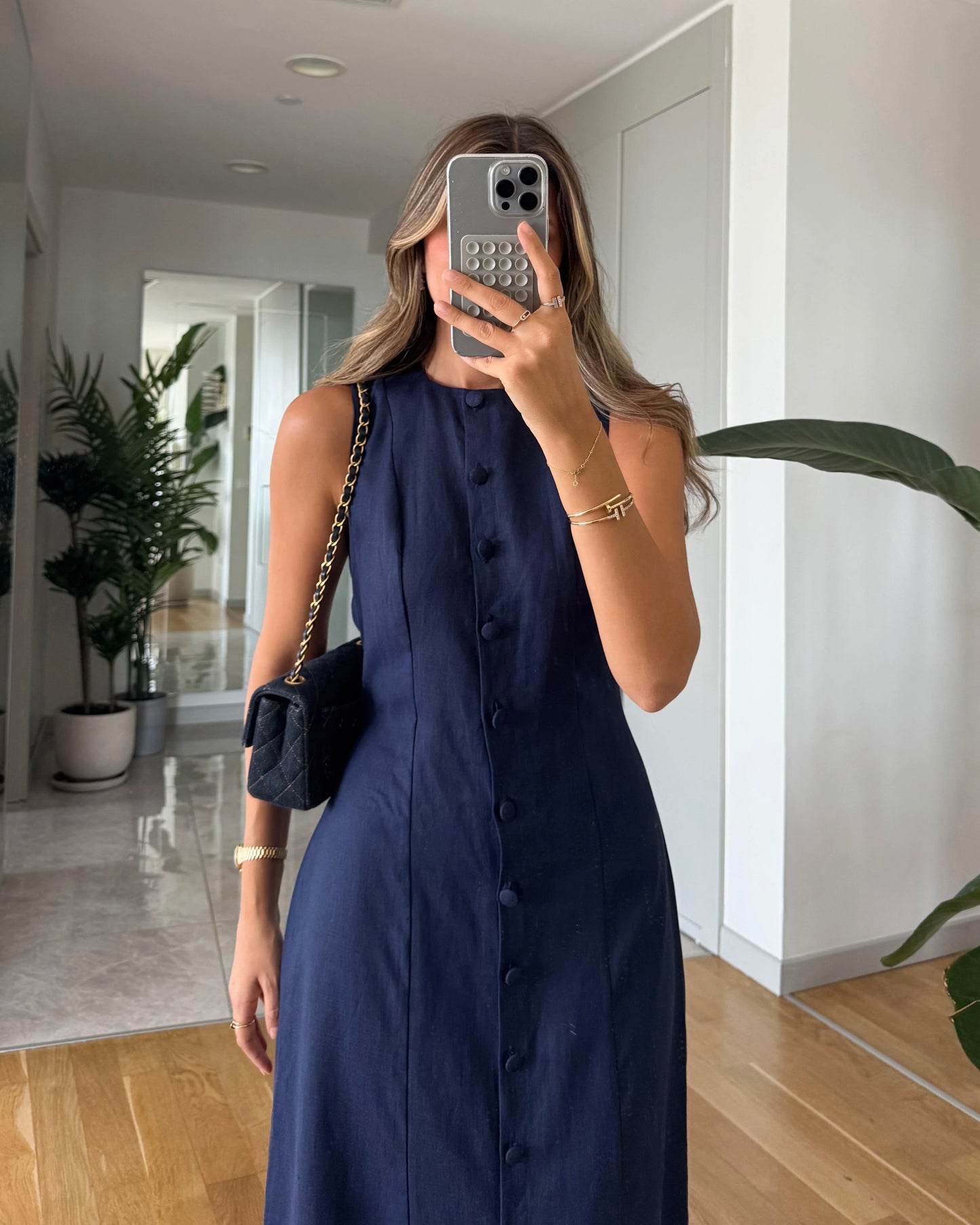 Navy Button-Down Linen Dress with Back Tie | فستان كتان كحلي بأزرار أمامية وربطة من الخلف