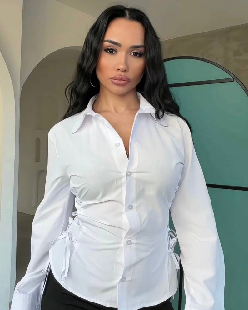 White fitted shirt with side tie | قميص أبيض مخصر مع رباط جانبي