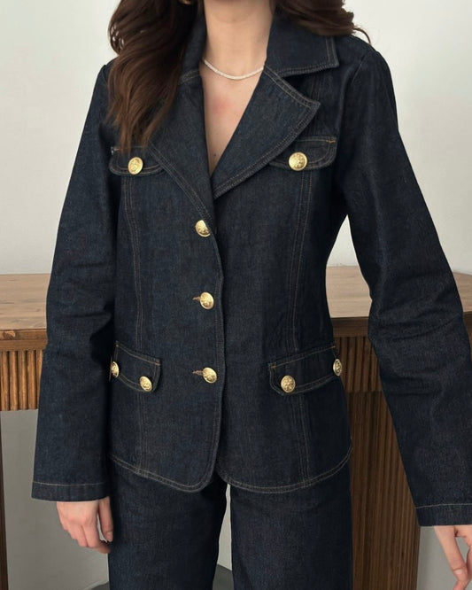 Premium Dark Denim Two-Piece Set | طقم جينز فخم بأزرار ذهبية