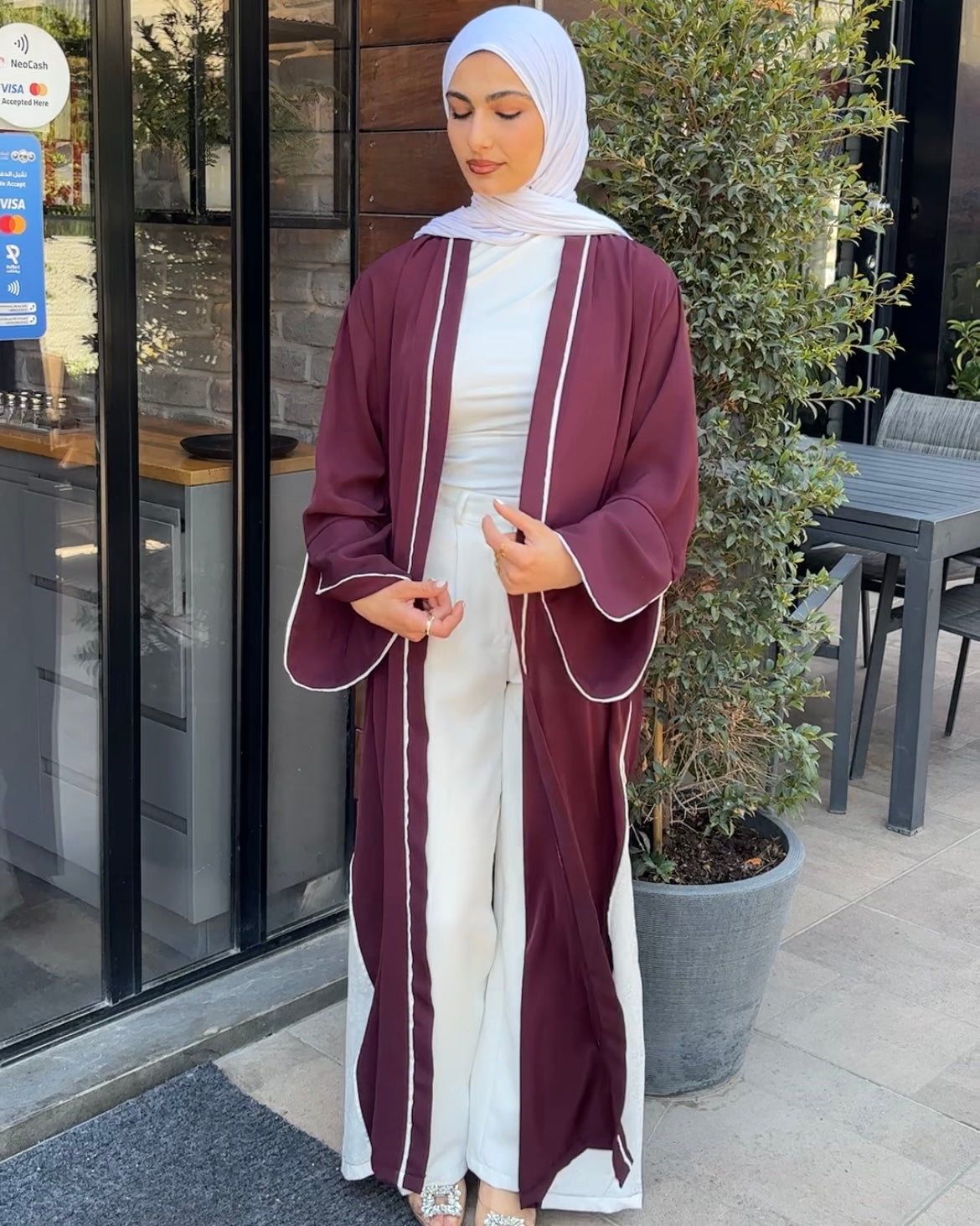Elegant Maroon Abaya with Floral White Details | عباية أنيقة باللون الخمري مزينة بتفاصيل ورود بيضاء