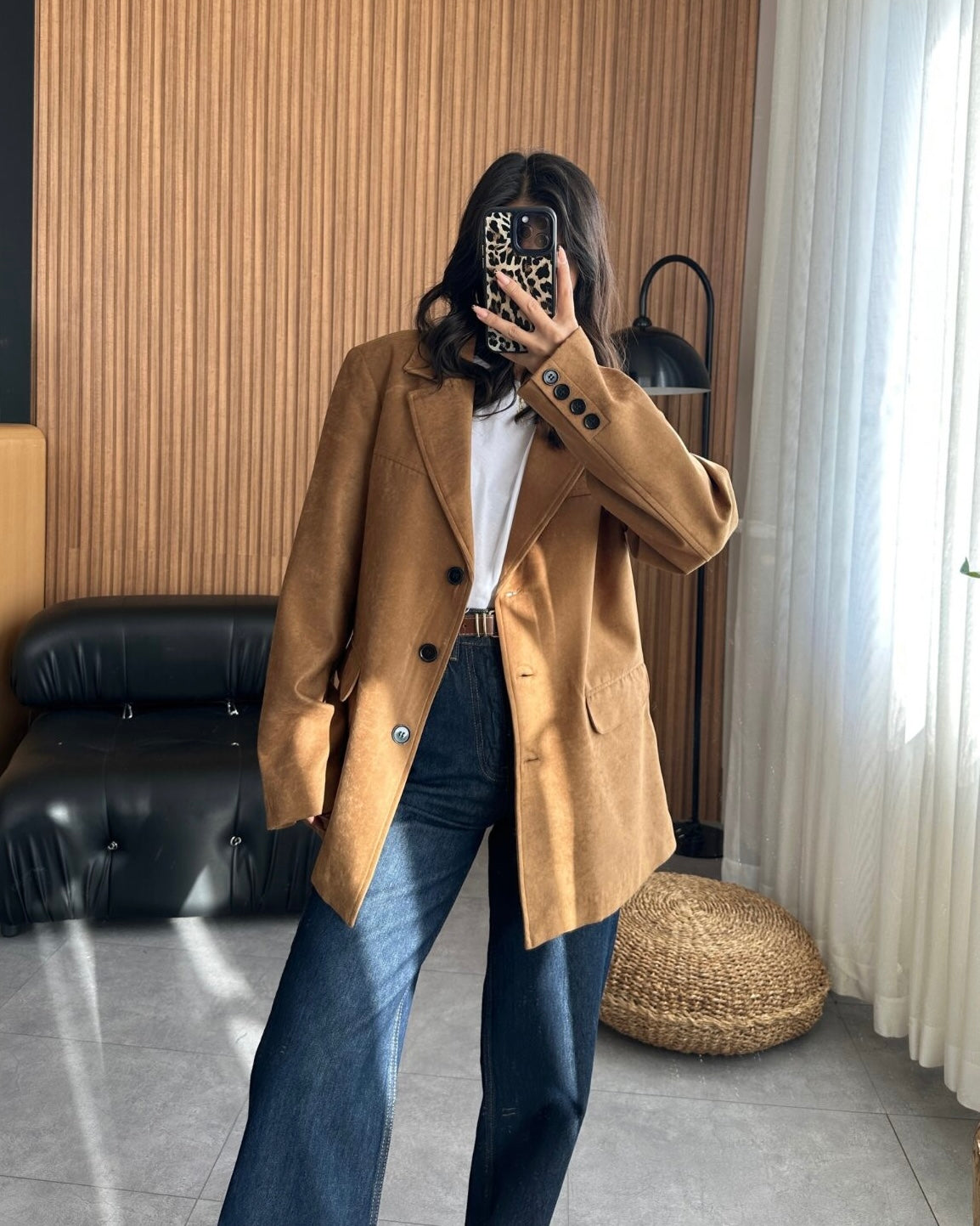 Terracotta Suede Blazer with Wide Collar | بليزر كمل انيق من جلد السويد
