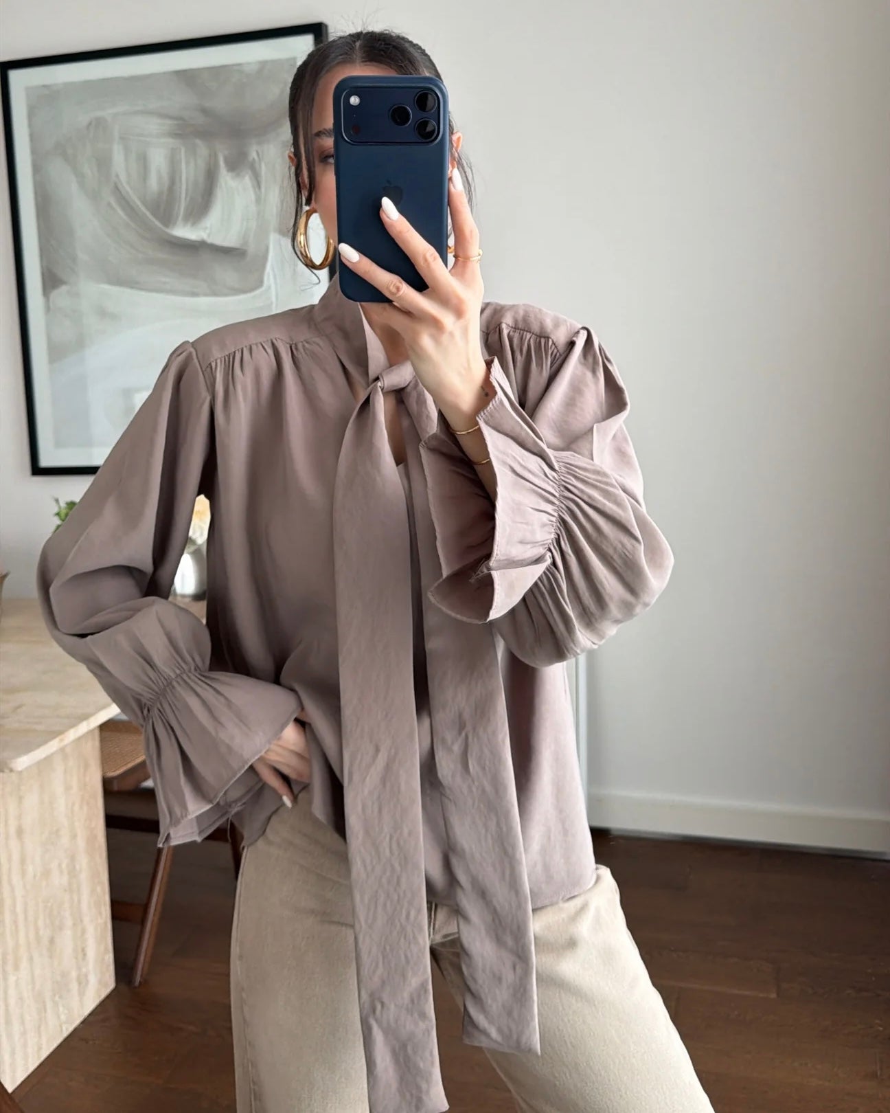 Soft elegant Tie-Neck Blouse in moca | بلوزة أنيقة بربطة عنق بلون الموكا