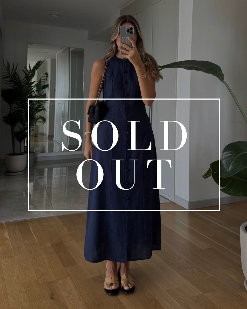 Navy Button-Down Linen Dress with Back Tie | فستان كتان كحلي بأزرار أمامية وربطة من الخلف