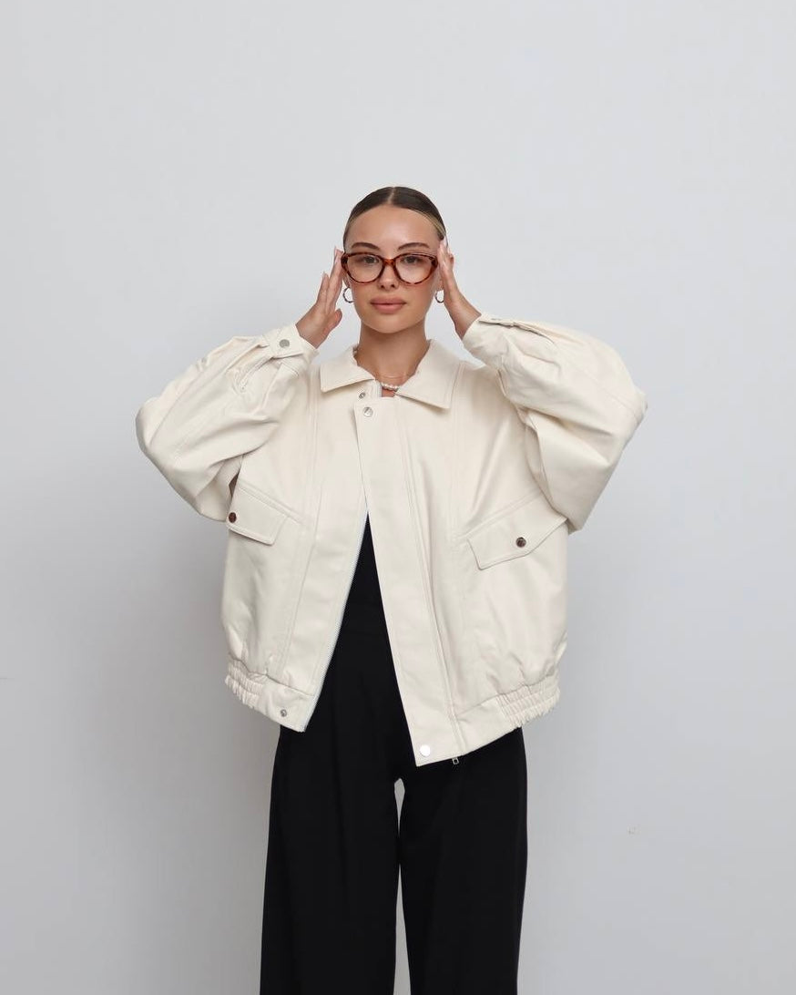 Cream Oversized Structured Leather Jacket | جاكيت جلد واسع بلون كريمي