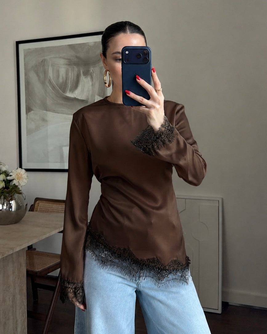 Elegant Black Satin Blouse with Lace Trim | بلوزة ساتان سوداء أنيقة بتفاصيل دانتيل