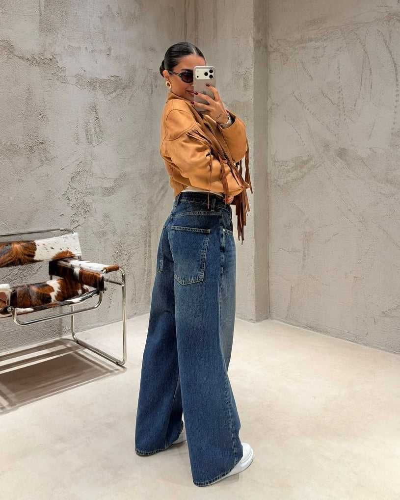 Dark Blue Washed Baggy Wide-Leg Jeans | جينز أزرق غامق كاحت بقصة باغي واسعة