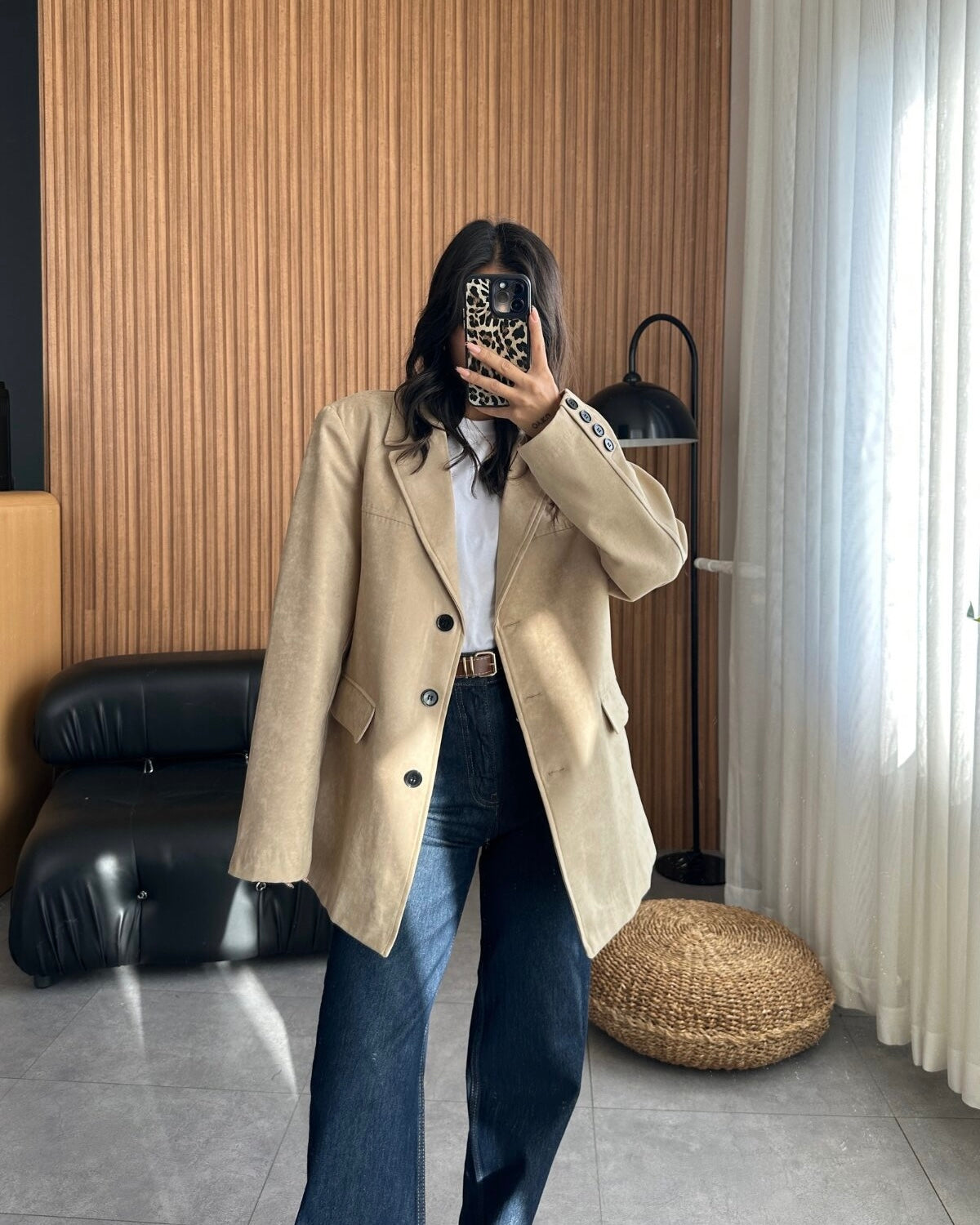Beige Suede Blazer with Wide Collar | بليزر بيج انيق من جلد السويد