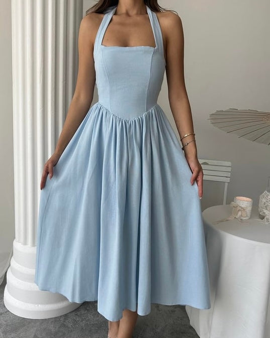 Blue Halter Midi Dress | فستان ميدي أزرق برباط حول الرقبة
