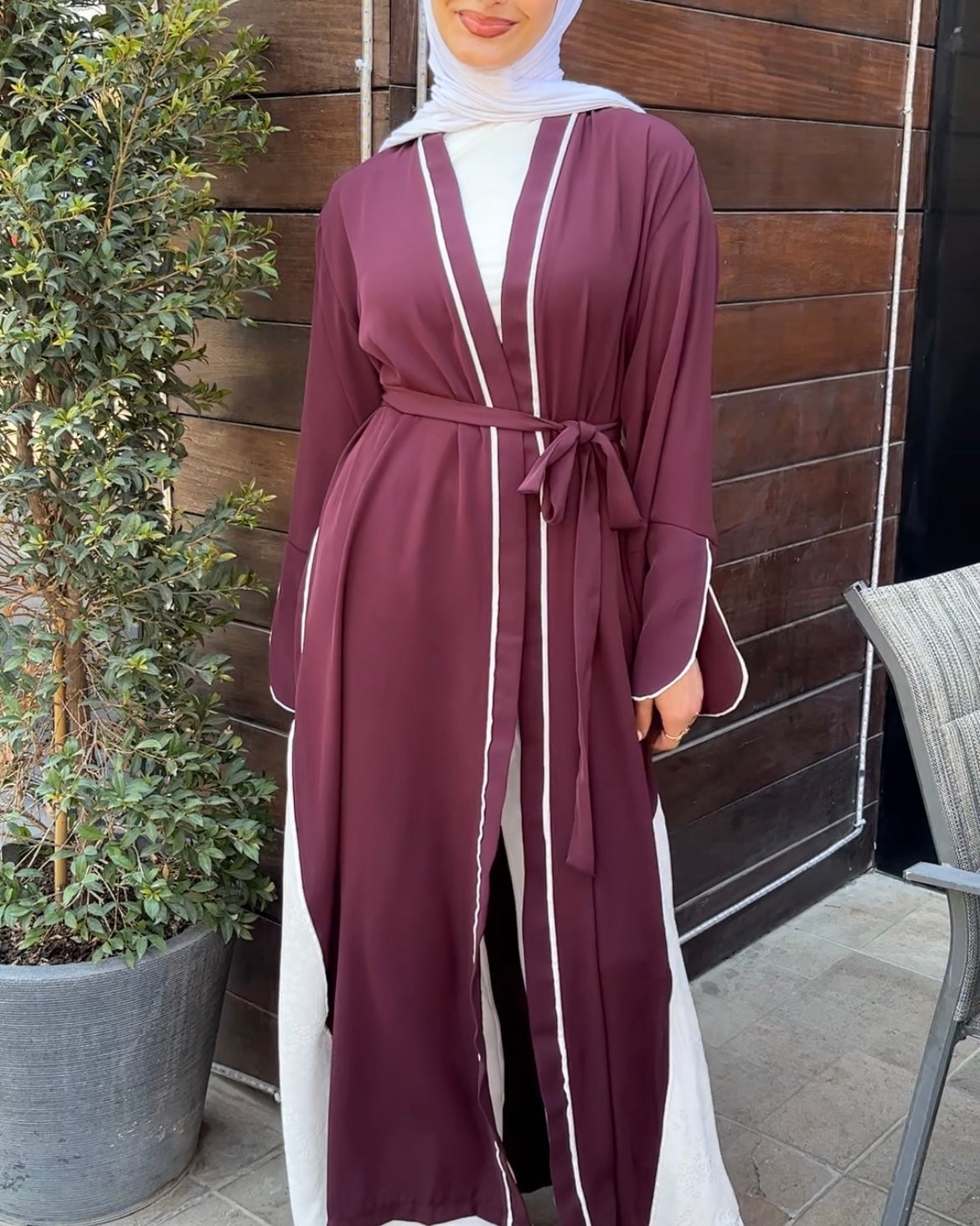 Elegant Maroon Abaya with Floral White Details | عباية أنيقة باللون الخمري مزينة بتفاصيل ورود بيضاء