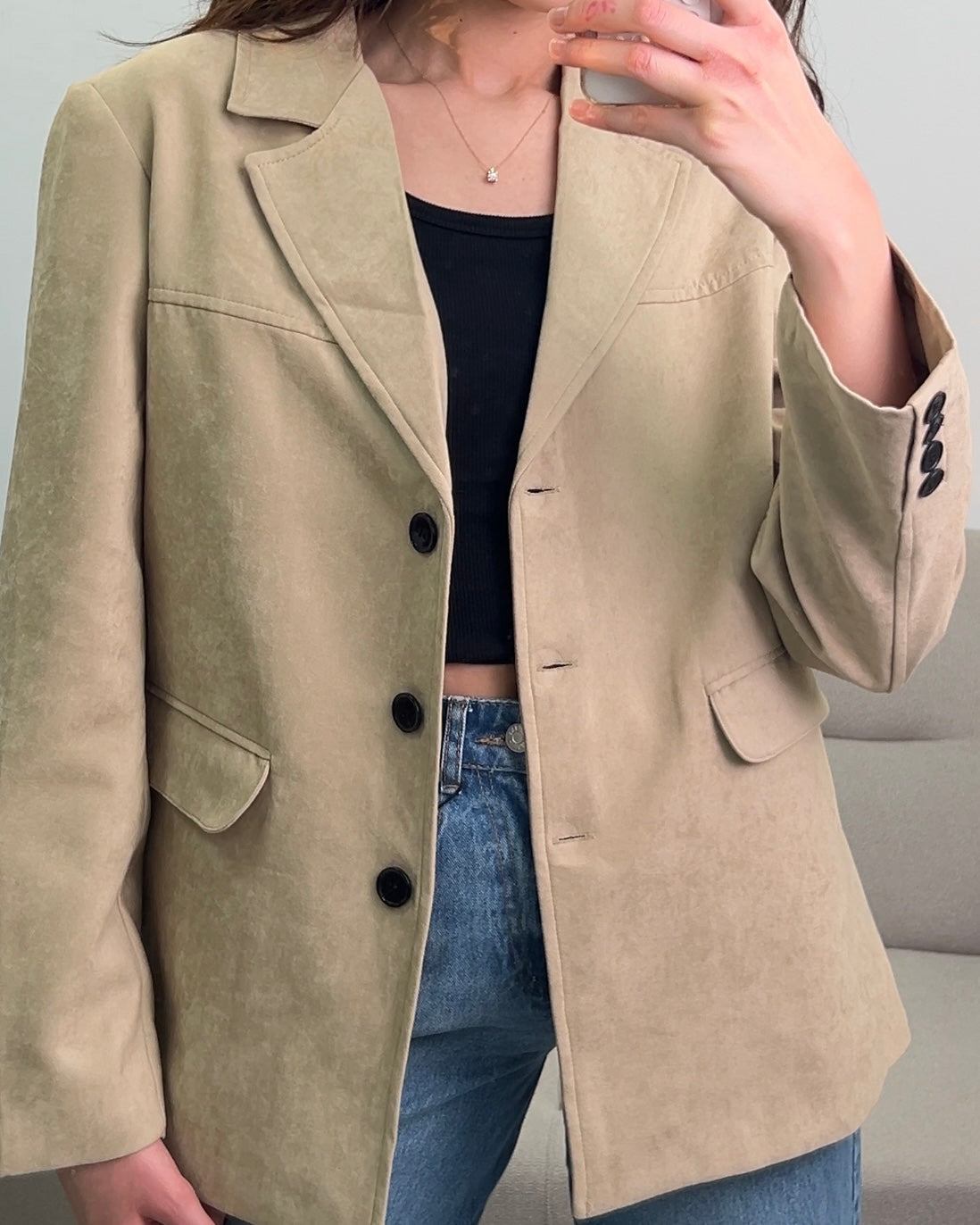 Beige Suede Blazer with Wide Collar | بليزر بيج انيق من جلد السويد
