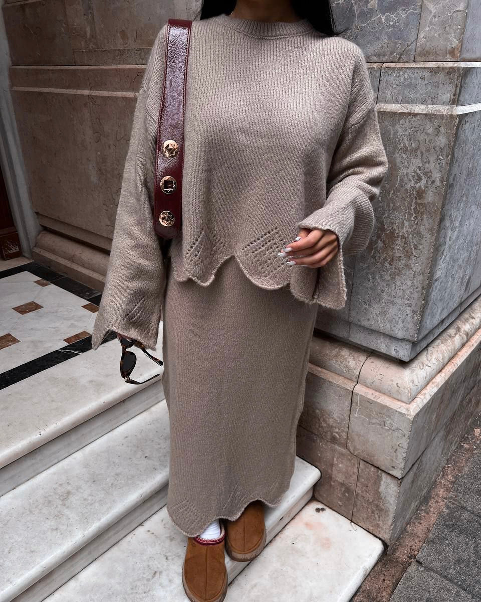 Khaki Knit Set with Wavy Hem Details