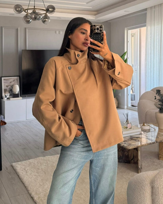 Oversized Camel High Stand Collar Button-Up Jacket | جاكيت كاميل بقبة عالية وأزرار أمامية