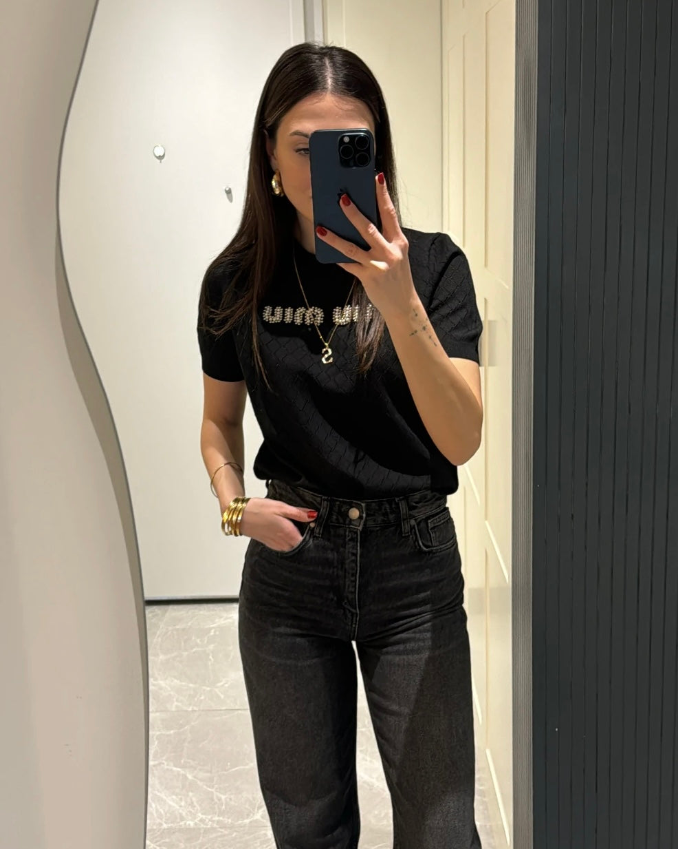 MIU MIU שחור פנינה טופ שרוול קצר