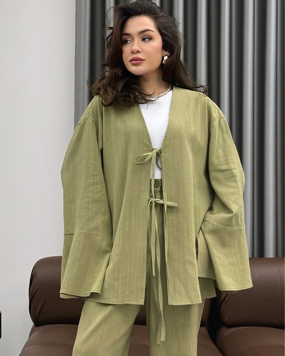 Pistachio Tie Front Casual Set | طقم فستقي كاجوال برباط أمامي