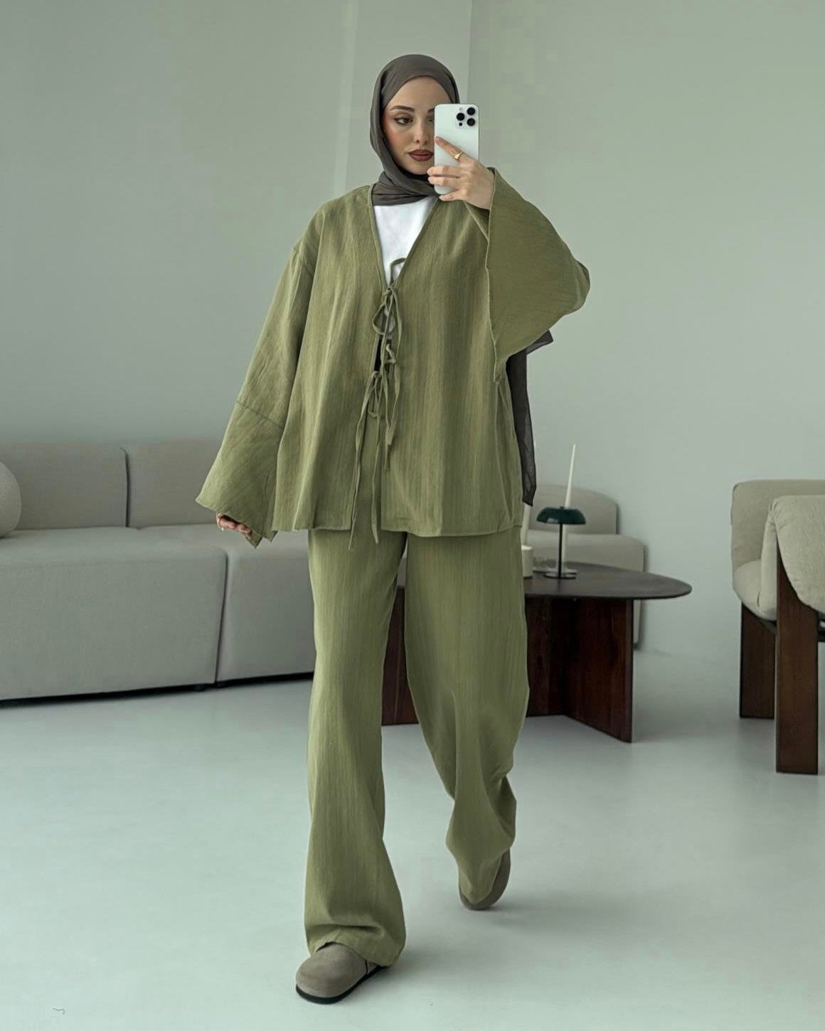 Pistachio Tie Front Casual Set | طقم فستقي كاجوال برباط أمامي