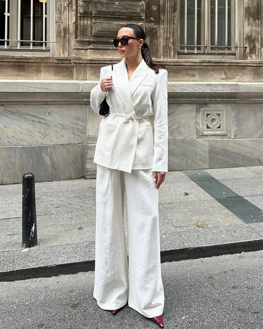 Ivory Linen Wrap Cinched Waist Suit Set | طقم كتان باللون السكري بتصميم لفّ من خصر