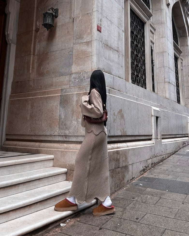 Khaki Knit Set with Wavy Hem Details