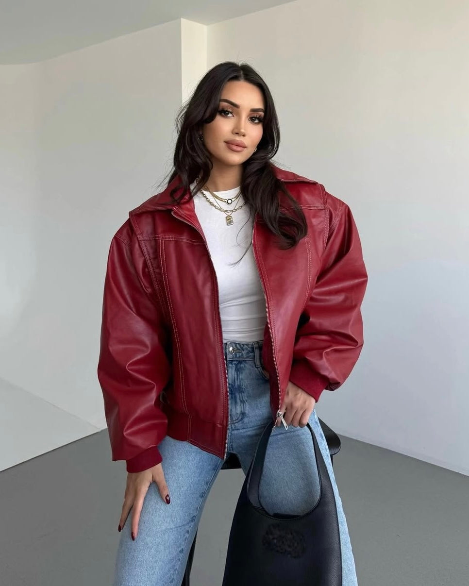 Timeless Red Leather Bomber Jacket