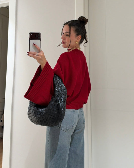Red Oversized Knit Mock Neck Sweater with Wide Sleeves | بلوزة بقصّة أوفرسايز وأكمام واسعة