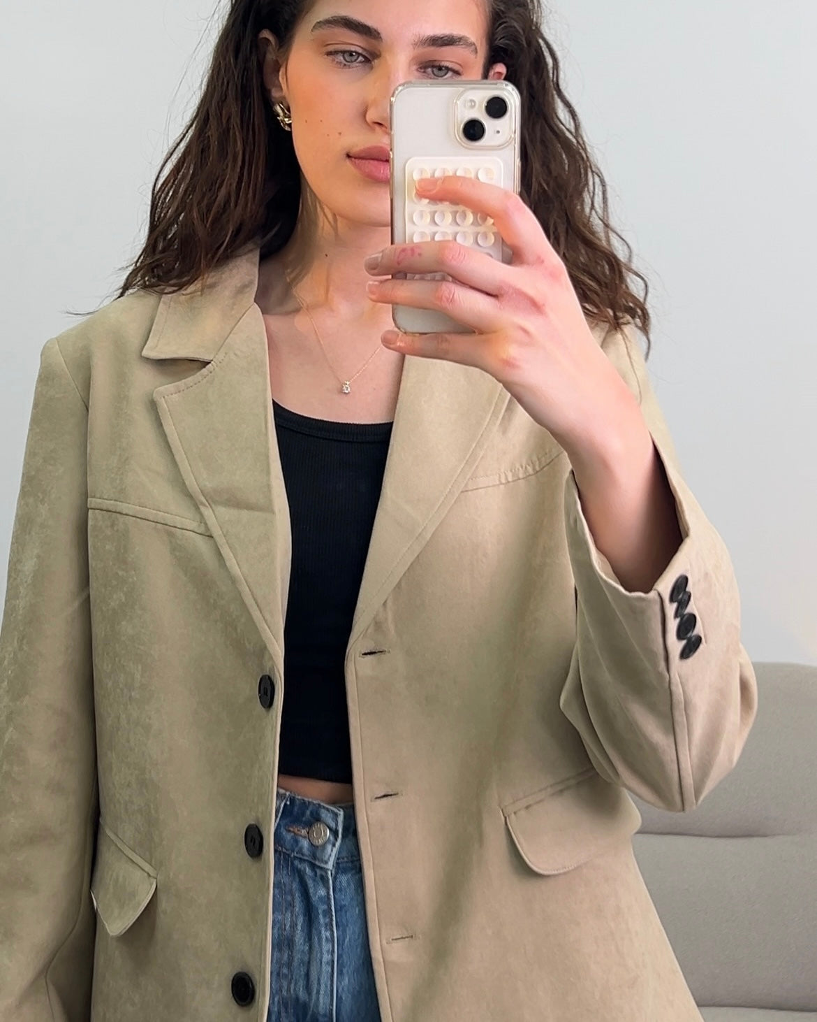 Beige Suede Blazer with Wide Collar | بليزر بيج انيق من جلد السويد