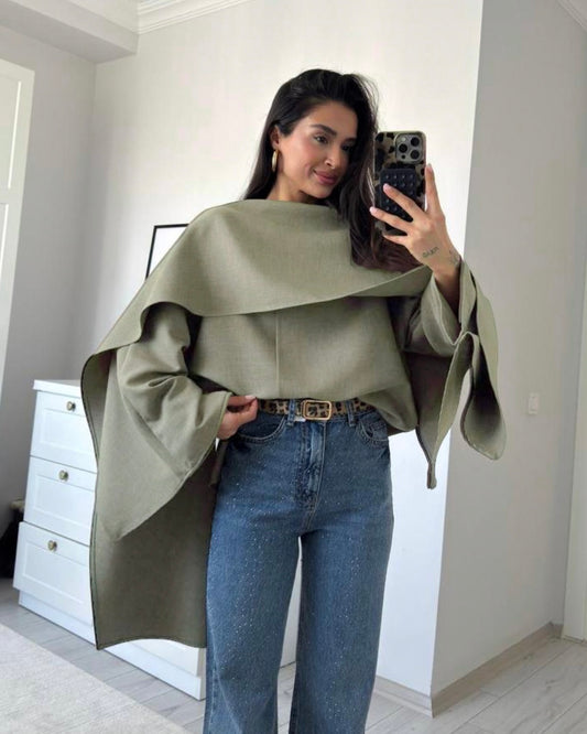Sage Green Asymmetrical Cape Top | توب كيب غير متماثل باللون الاخضر الباهت