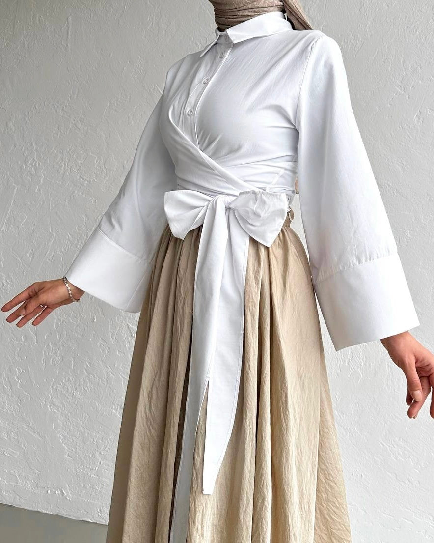 White Side Knot Wrap Top | توب ابيض ناعم بقصة لف وربطة جانبية