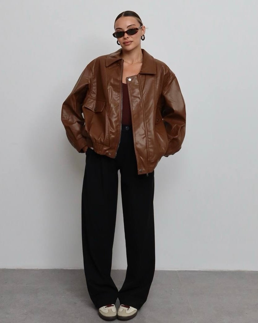 Dark Brown Oversized Structured Leather Jacket | جاكيت جلد واسع بلون البني الداكن