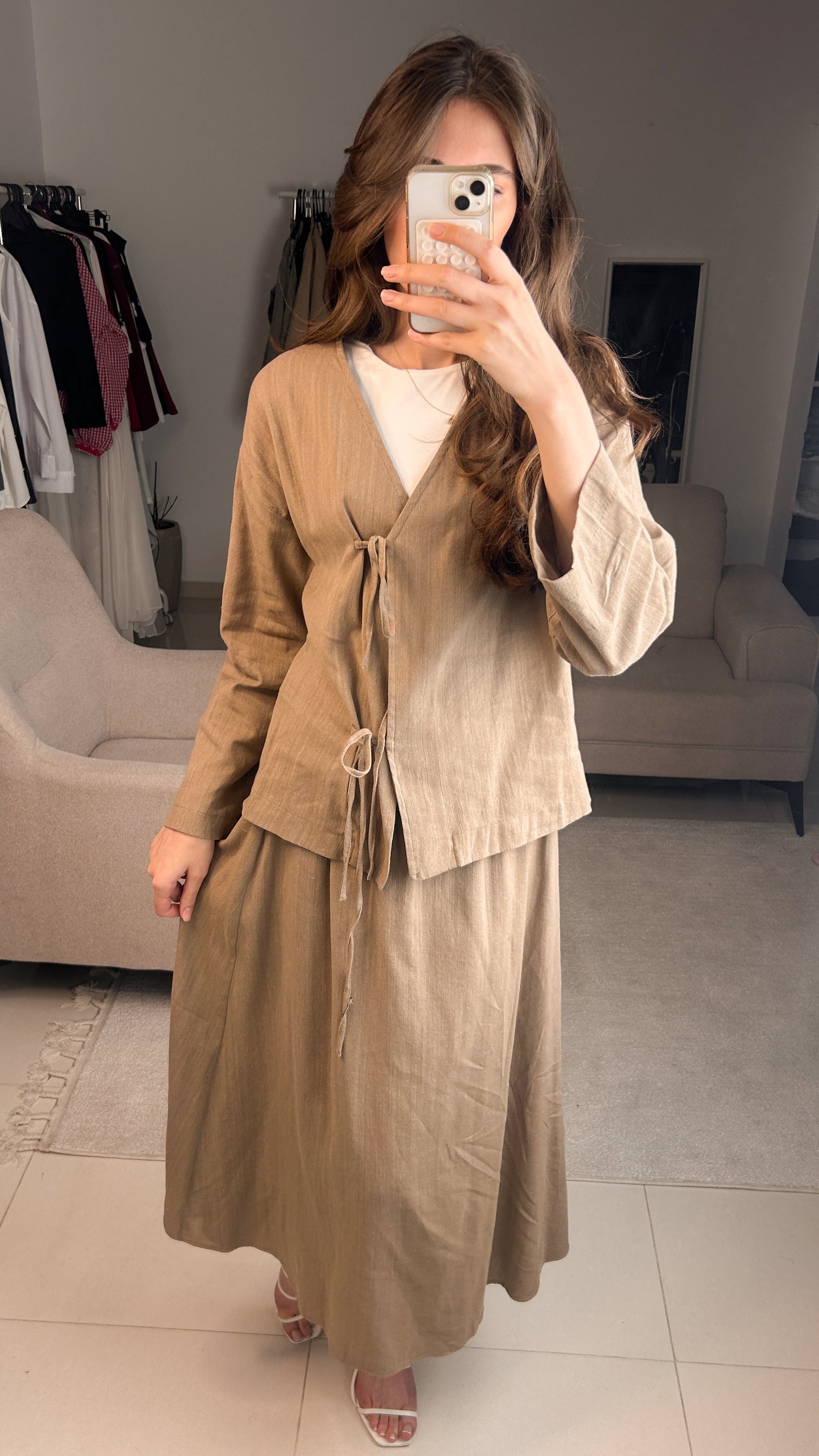 Khaki Linen Front-Tie Co-Ord Set | طقم كتان كاكي بربطات أمامية