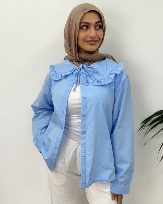 חולצת פשתן קשירה קדמית בצבע כחול