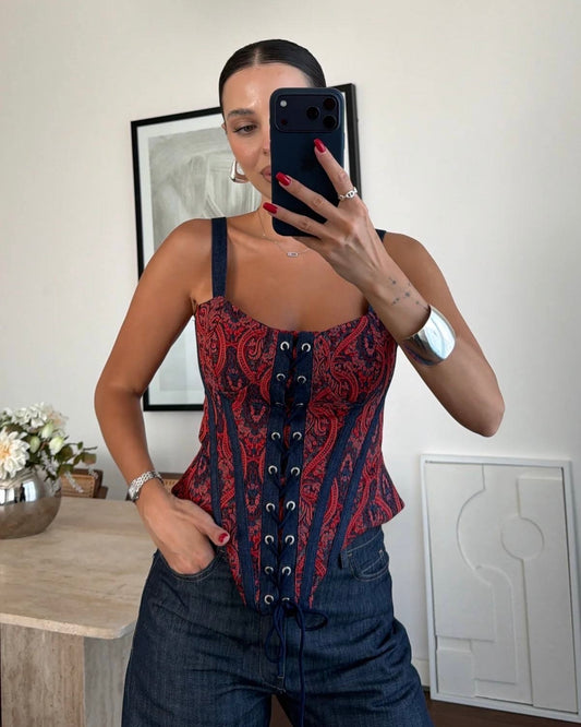 Paisley Lace-Up Corset Top | كورسيه بنقشة بيزلي ورباط أمامي