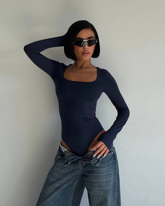 Navy Long Sleeve Square Neck Bodysuit | بودي سوت كحلي بأكمام طويلة