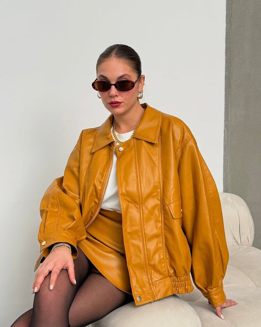 Deep Mustard Oversized Structured Leather Jacket | جاكيت جلد واسع بلون الماسترد الداكن