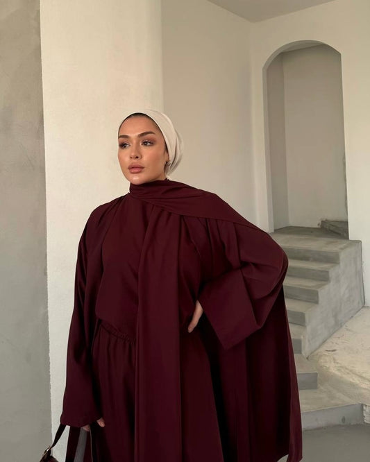 Maroon Elegant 3 Piece Abaya | طقم انيق 3 قطع باللون الخمري