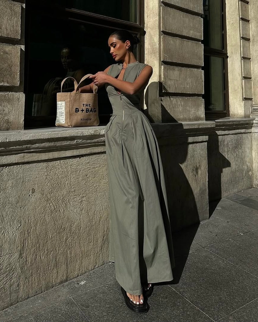 Elegant Muted Green Zip Dress | فستان زيتي أنيق بسحّاب أمامي